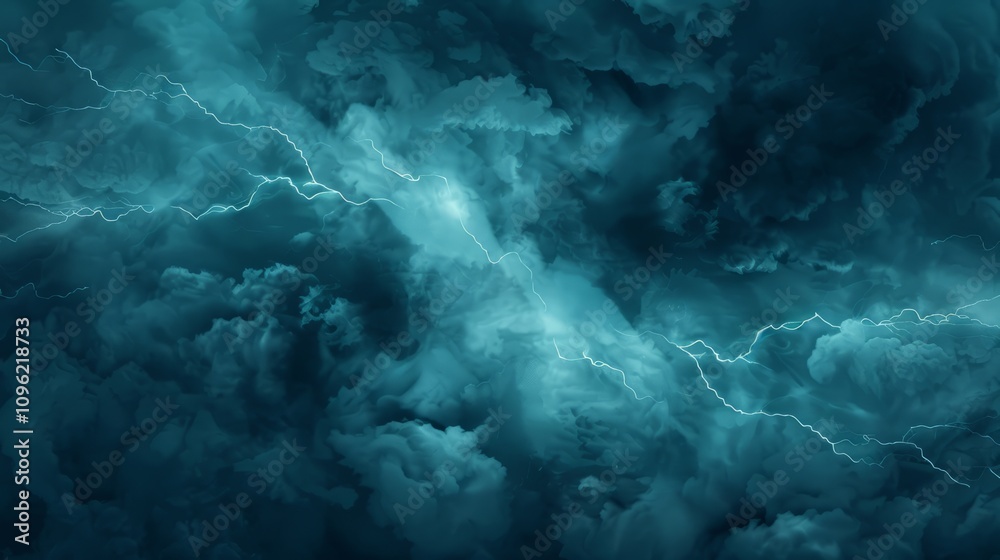Fototapeta premium Dramatic stormy clouds with lightning in blue tones.