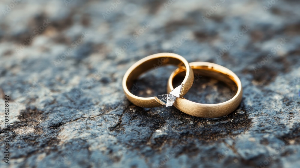 Elegant Wedding Rings with Brilliant Diamond Set on Rustic Stone Background, Symbolizing Love, Commitment, and Lasting Partnerships in Marriage Ceremonies Elegant Wedding Rings with Brilliant Diamond Set on Rustic Stone Background, Symbolizing Love, Commitment, and Lasting Partnerships in Marriage Ceremonies
