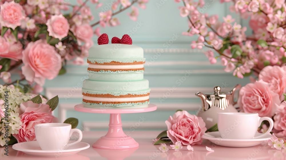 Elegant cake display with flowers and tea set. Elegant cake display with flowers and tea set.