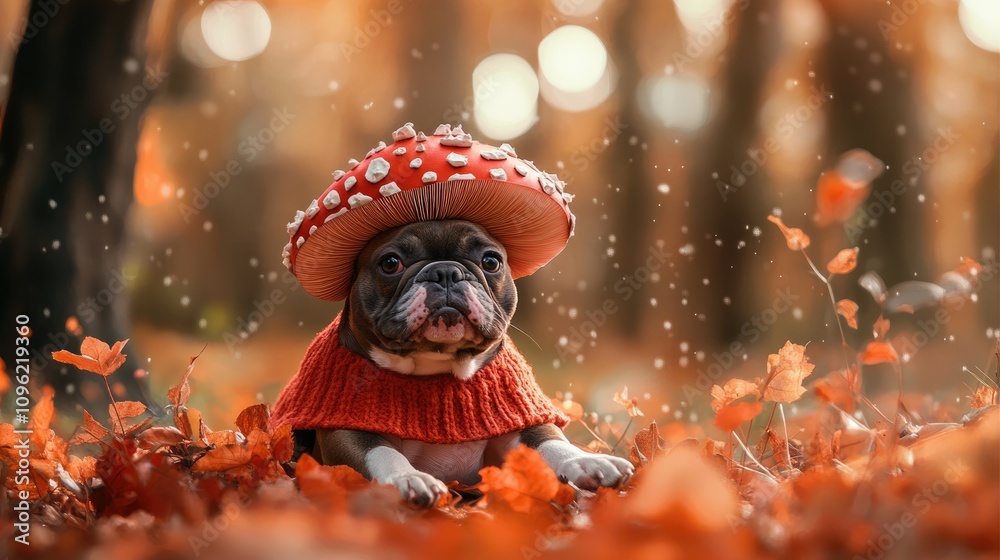Charming French Bulldog in a whimsical fly agaric mushroom costume resting on a bed of orange autumn leaves, surrounded by a colorful forest backdrop filled with falling leaves. Charming French Bulldog in a whimsical fly agaric mushroom costume resting on a bed of orange autumn leaves, surrounded by a colorful forest backdrop filled with falling leaves.