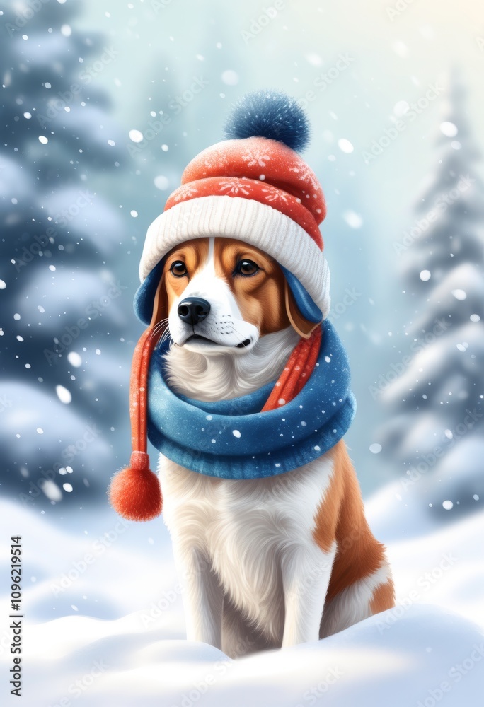 Ein bezaubernder Hund im Schnee mit Wintermütze und Schal, umgeben von verschneiten Bäumen. Perfekt für Weihnachts- oder Neujahrskarten. Festliche Winterfreude! Generative KI. Ein bezaubernder Hund im Schnee mit Wintermütze und Schal, umgeben von verschneiten Bäumen. Perfekt für Weihnachts- oder Neujahrskarten. Festliche Winterfreude! Generative KI.