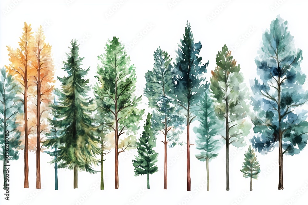 Fototapeta premium Hand painted forest trees on white background with watercolors