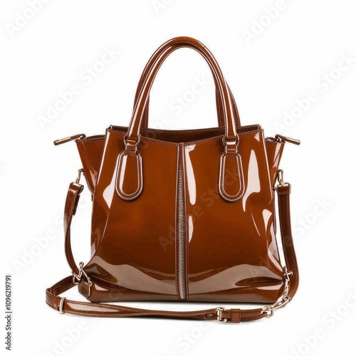 Women's fashion patent leather bag in brown color, presented on white background, isolated object. AI generated. photo