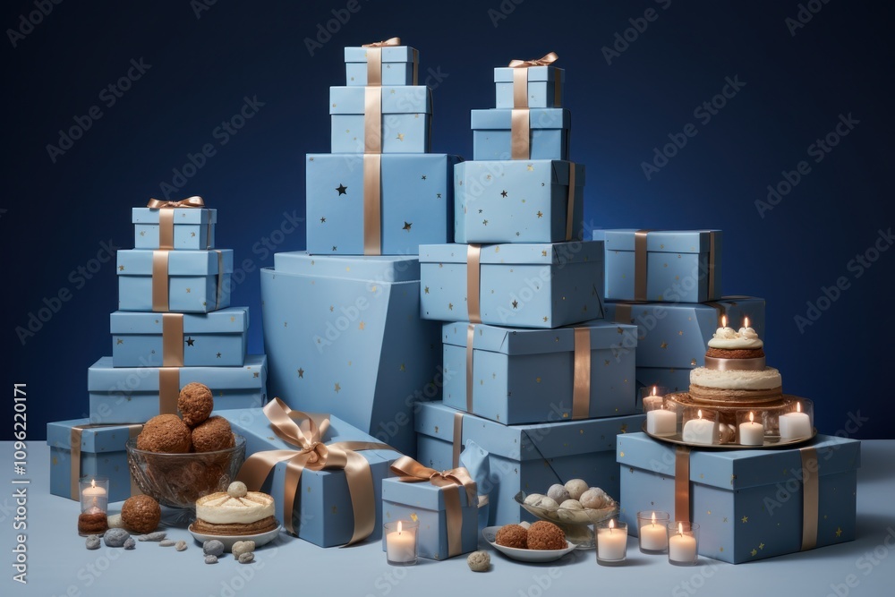 Christmas composition. Packed blue gifts with gold ribbons, cakes, spruce branches, candles