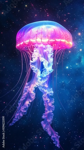 Luminous jellyfish floating in cosmic sea, its translucent body aglow with vibrant pinks and purples, tentacles trailing gracefully against starry galactic backdrop.