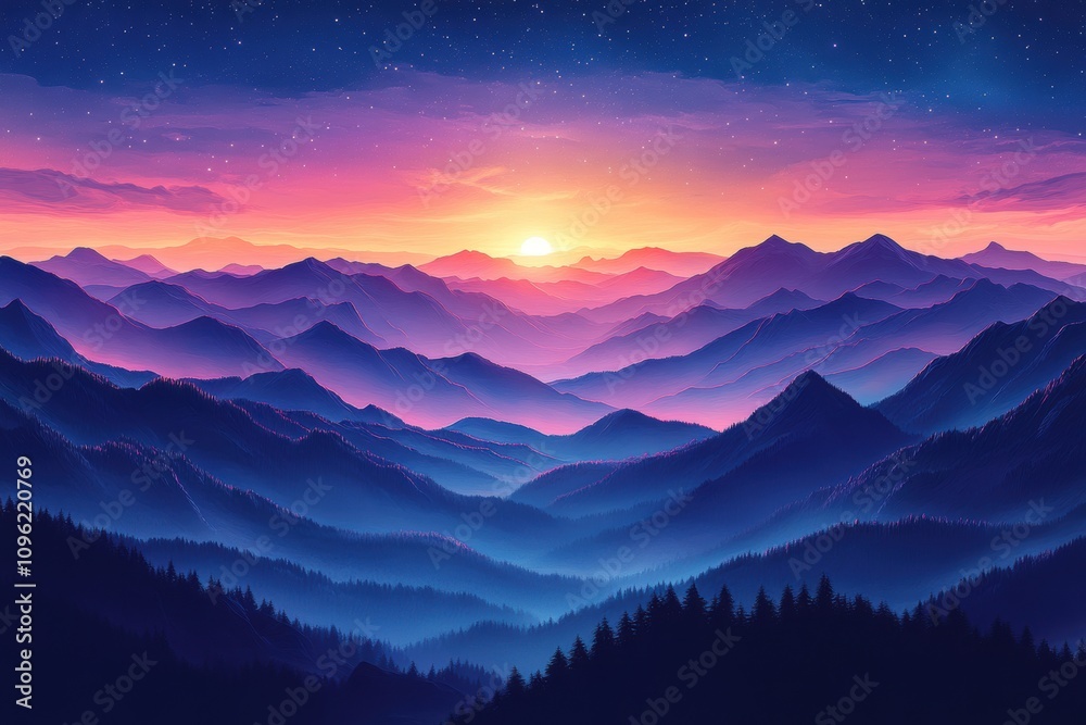 Fototapeta premium mountain night sky art, mural wallpaper showcasing vivid mountains beneath a starry sky, evoking the natural worlds captivating charm in a contemporary artistic style
