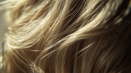 Close-up view of silky blonde hair strands highlighting their soft texture, emphasizing hair care and beauty. Ideal for beauty and hair care themes. photo