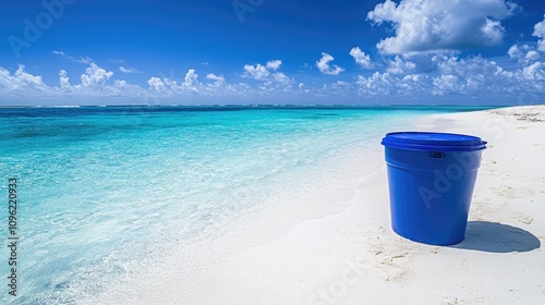 Bright Blue Cooler Resting on Pristine Sandy Beach Overlooking Crystal Clear Ocean and Dazzling Blue Sky with Fluffy White Clouds on the Horizon