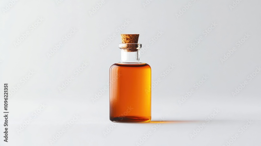 Carrot oil in a clear glass bottle with a cork stopper, illuminated against a simple white background, showcasing its rich amber color.