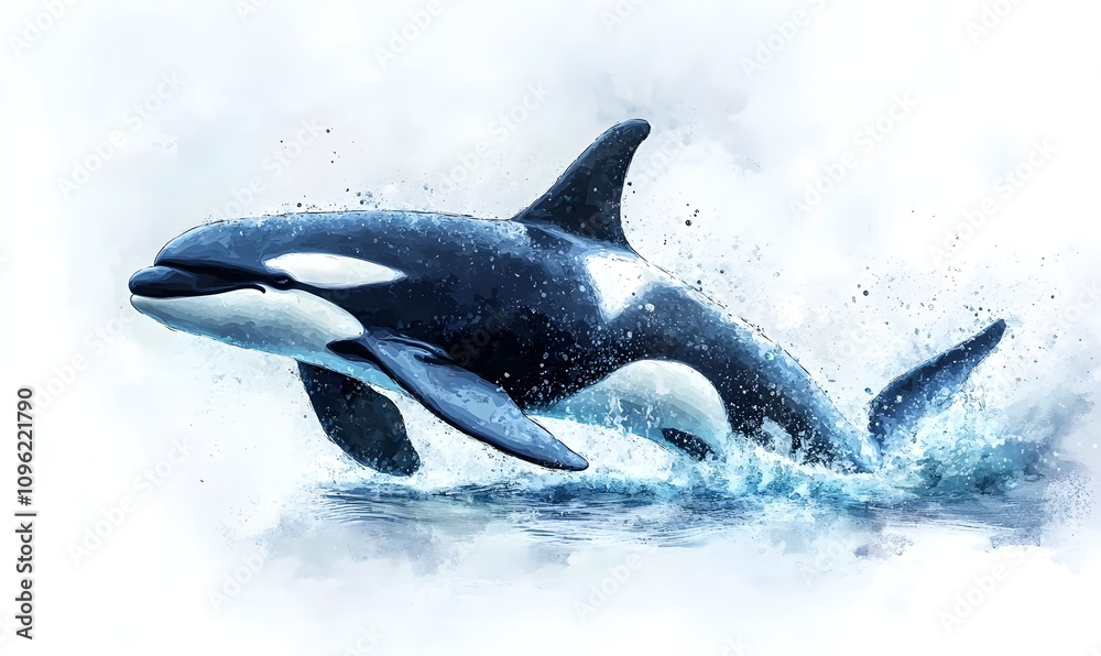 Fototapeta premium An orca whale leaping gracefully out of the ocean with water splashing around it and the vast ocean stretching out in the background