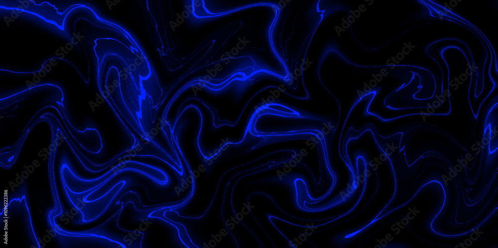 Obraz premium Blue irregular pattern set against a black background. Luxurious emerald, blue marble abstract texture for elegant interior design and stone surfaces. liquid metal close-up, wide horizontal banner. 