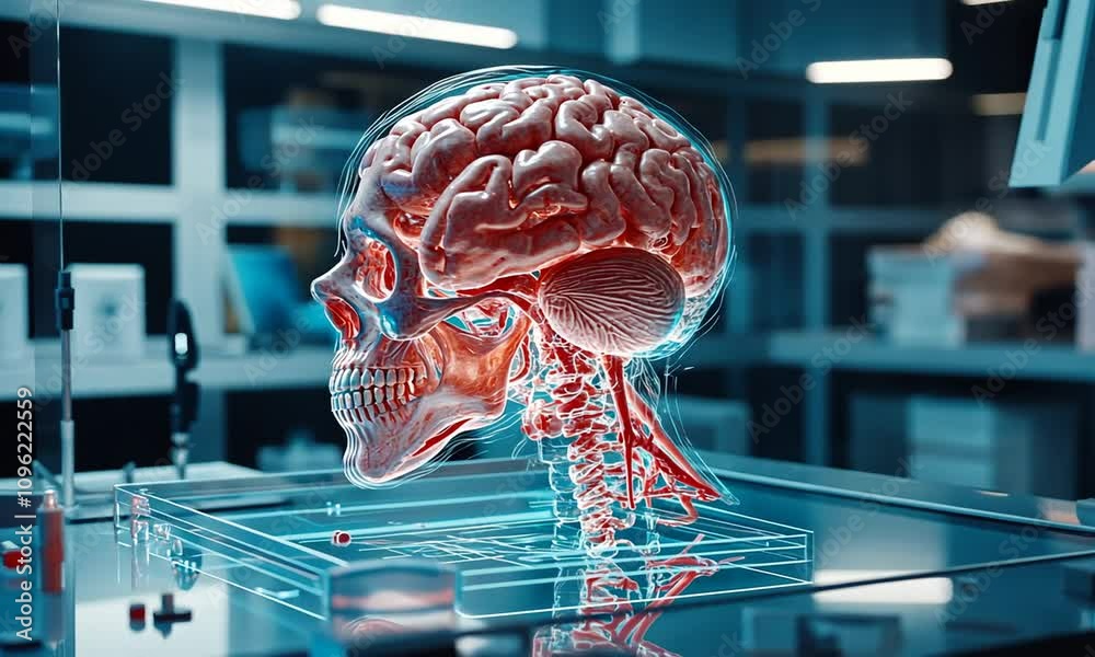 3D holographic model of human skull and brain.