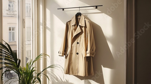 Stylish Beige Trench Coat Hanging by a Sunlit Window with Greenery