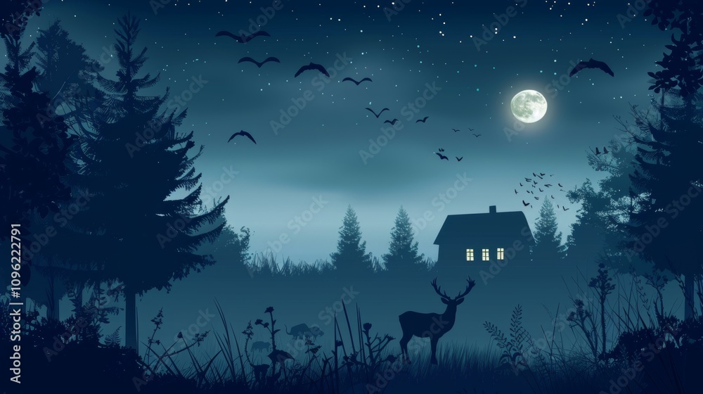 Serene Moonlit Forest Scene with Silhouettes of Deer, Bats, and a Cottage Serene Moonlit Forest Scene with Silhouettes of Deer, Bats, and a Cottage