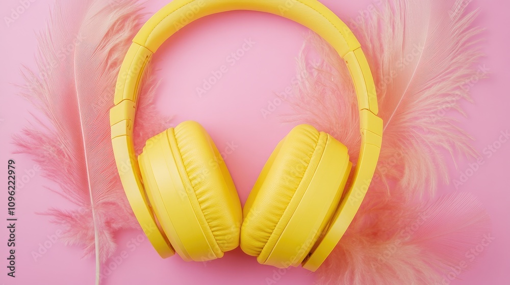 Yellow headphones adorned with soft pink feathers on a vibrant pink background, emphasizing a soothing ASMR sound experience in a stylish flat lay arrangement. Yellow headphones adorned with soft pink feathers on a vibrant pink background, emphasizing a soothing ASMR sound experience in a stylish flat lay arrangement.