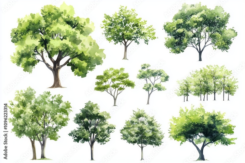 Set of watercolor green trees isolated on a white background, ideal for landscape and architectural drawings, environmental elements, gardens, and botanical spring sections Set of watercolor green trees isolated on a white background, ideal for landscape and architectural drawings, environmental elements, gardens, and botanical spring sections