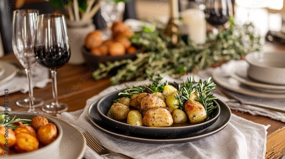 Gourmet Roasted Potatoes with Fresh Herbs on Elegant Dinner Table Gourmet Roasted Potatoes with Fresh Herbs on Elegant Dinner Table