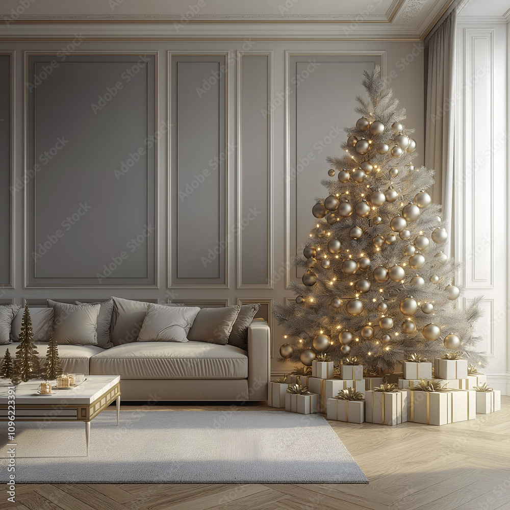 Aesthetic room interior design with Merry Christmas elements. Wall with New Year decoration in the apartment. Holiday tree in the room. Aesthetic room interior design with Merry Christmas elements. Wall with New Year decoration in the apartment. Holiday tree in the room.