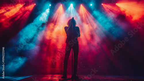 Silhouetted singer performing on stage with colorful lights at night