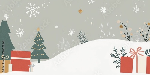 a Christmas banner featuring a snow-covered winter scene, with a beautifully decorated tree at its center, capturing the essence of holiday cheer in a detailed illustration.