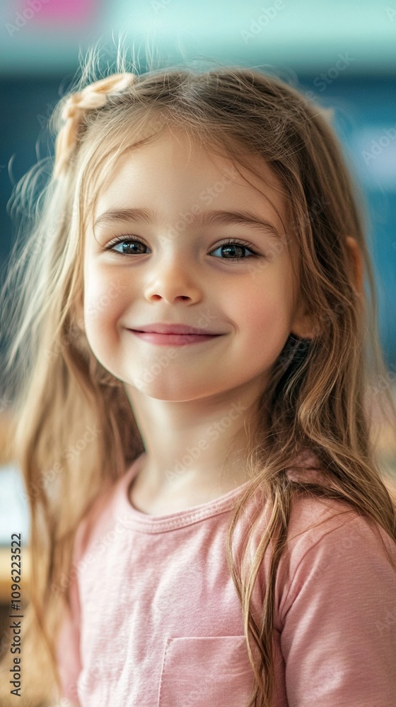 Close-up portrait of a young girl with long blonde hair and bright eyes, smiling warmly at the camera. She wears a light pink top in a soft, blurred background. Close-up portrait of a young girl with long blonde hair and bright eyes, smiling warmly at the camera. She wears a light pink top in a soft, blurred background.