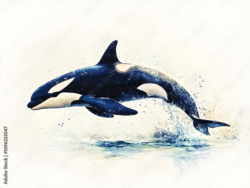 Obraz premium An orca whale leaping gracefully out of the ocean with water splashing around it and the vast ocean stretching out in the background