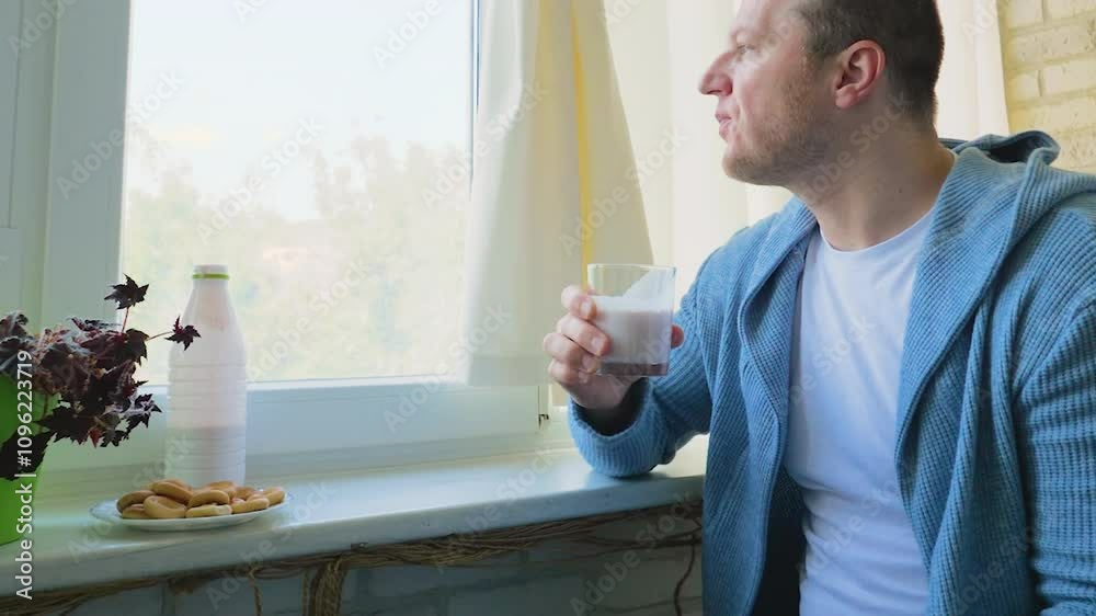 A young man drinks yogurt while sitting near a window in an apartment. Drink dairy product and eat baked goods. Slow Motion A young man drinks yogurt while sitting near a window in an apartment. Drink dairy product and eat baked goods. Slow Motion