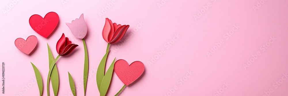 Romantic paper craft display: vibrant red tulips and heart shapes artfully arranged on soft pink background, perfect for Valentine's Day or love-themed designs. Romantic paper craft display: vibrant red tulips and heart shapes artfully arranged on soft pink background, perfect for Valentine's Day or love-themed designs.