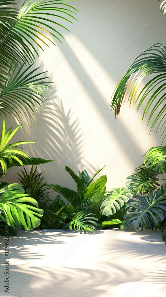 Fototapeta premium Sunlight casts dramatic shadows through lush tropical foliage on a white wall, creating a serene and exotic atmosphere in this minimalist indoor garden scene.