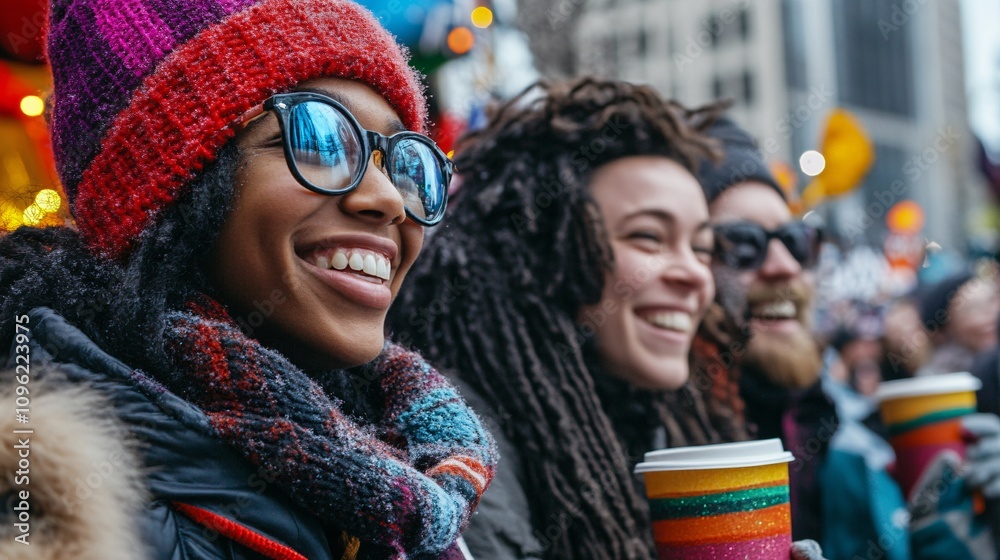 Joyful Group of Friends Celebrating Winter Festival with Coffee Cups Joyful Group of Friends Celebrating Winter Festival with Coffee Cups