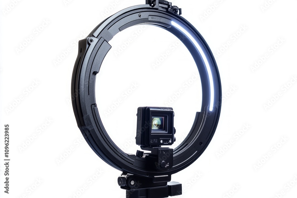 Illuminated ring light with camera setup offers optimal lighting. Perfect for photography and video creation. Enhance visuals for social media and content production. Generative AI Illuminated ring light with camera setup offers optimal lighting. Perfect for photography and video creation. Enhance visuals for social media and content production. Generative AI