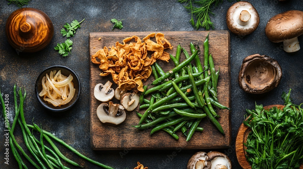Fresh Green Beans and Mushrooms on Rustic Wooden Cutting Board Fresh Green Beans and Mushrooms on Rustic Wooden Cutting Board