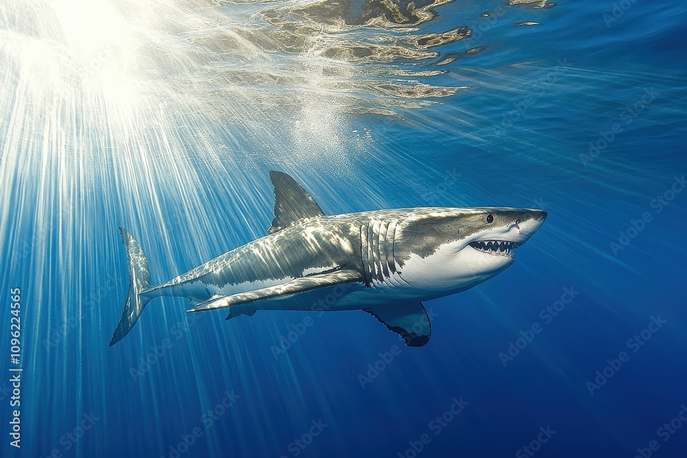Fototapeta premium Great White Shark Underwater Profile A powerful great white shark