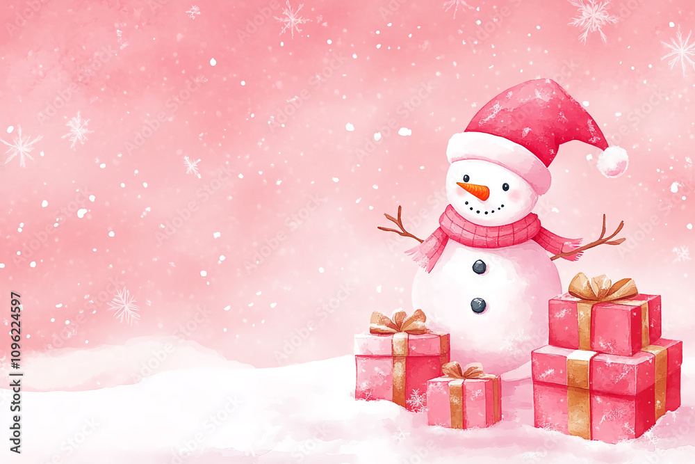 Cheerful snowman in pink winter scenery with presents and falling snowflakes Cheerful snowman in pink winter scenery with presents and falling snowflakes