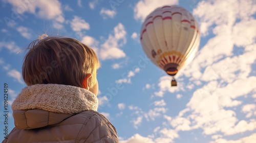 Child Gazing at Hot Air Balloon in Beautiful Blue Sky