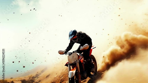 Man Flying Through Air on Dirt Bike, High-Energy Stunt in Action 4K, High Quality Video photo