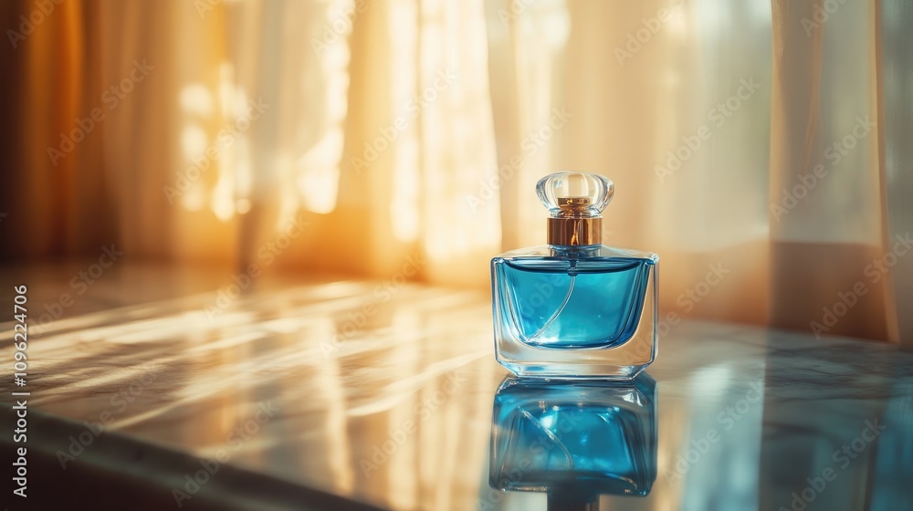 A blue glass perfume bottle elegantly placed on a glossy marble surface, illuminated by soft warm light filtering through sheer curtains, creating a tranquil and luxurious ambiance. A blue glass perfume bottle elegantly placed on a glossy marble surface, illuminated by soft warm light filtering through sheer curtains, creating a tranquil and luxurious ambiance.
