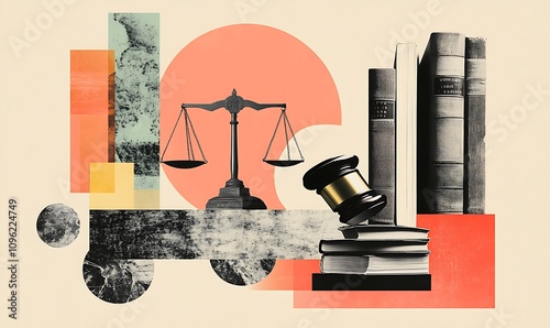 A collage depicting legal themes with scales of justice, a gavel, and law books.