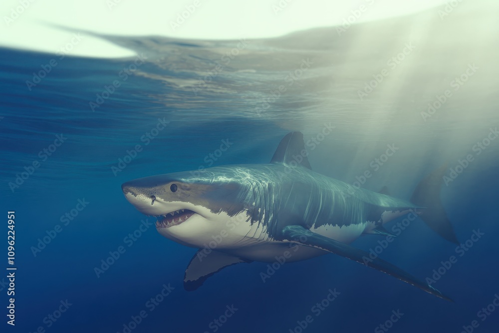 Obraz premium Great White Shark Underwater Profile A powerful great white shark