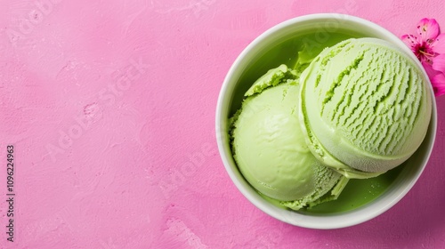 Green ice cream in a bowl on a pink background. photo