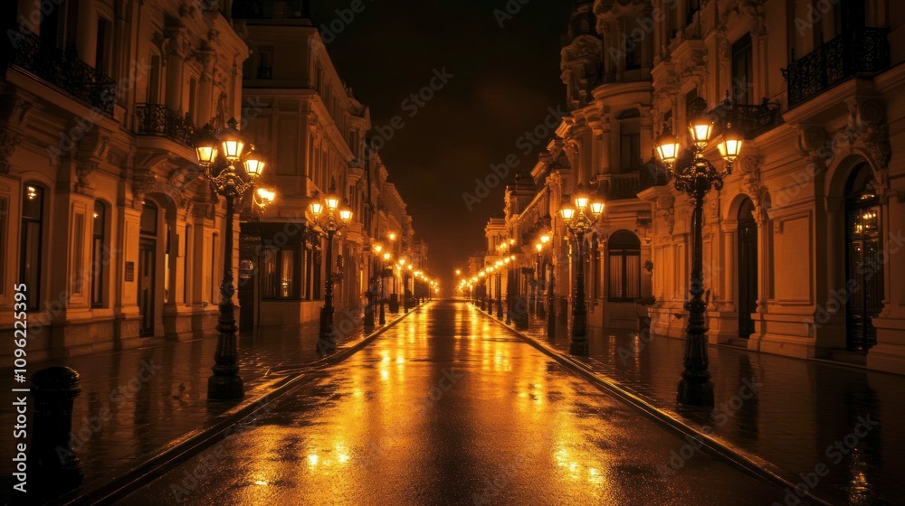 A serene, illuminated street at night, reflecting warm light on a wet surface. A serene, illuminated street at night, reflecting warm light on a wet surface.