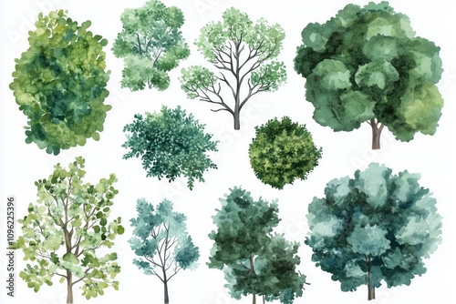 Various green trees, bushes and shrubs, top view for landscape design plan. Vector watercolor illustration, isolated on white background. photo