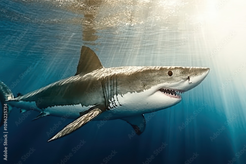Fototapeta premium Great White Shark Underwater Profile A powerful great white shark
