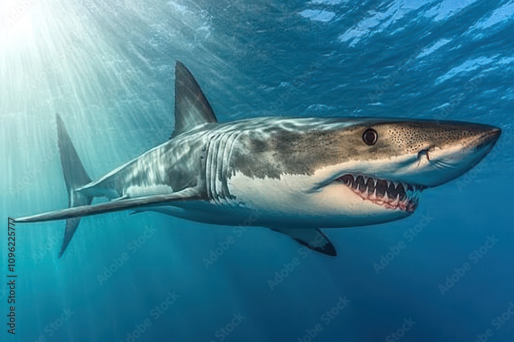 Fototapeta premium Great White Shark Underwater Profile A powerful great white shark