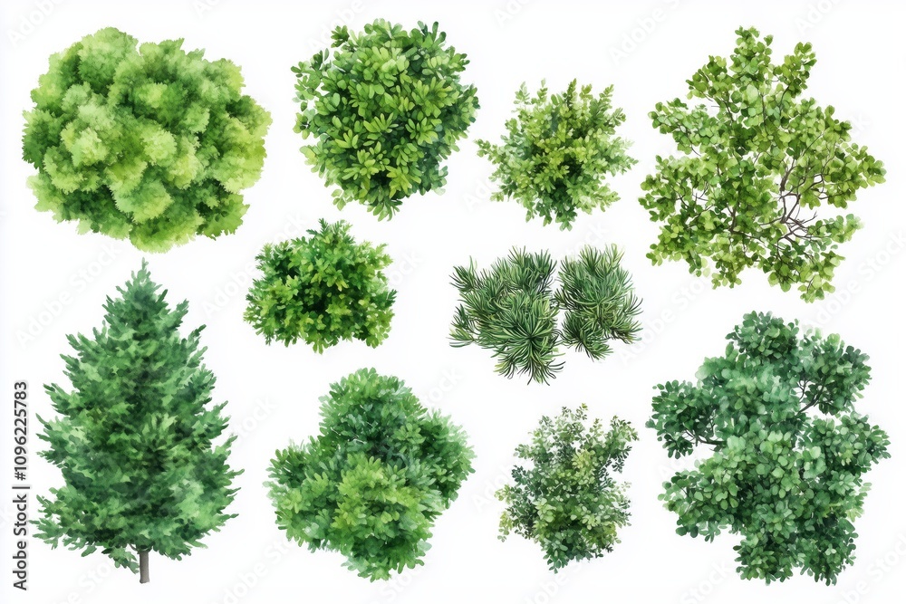 Various green trees, bushes and shrubs, top view for landscape design plan. Vector watercolor illustration, isolated on white background. Various green trees, bushes and shrubs, top view for landscape design plan. Vector watercolor illustration, isolated on white background.