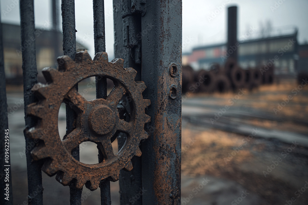 A weathered gear, once a vital part of industry, now a relic of a bygone era, hangs on a rusty gate, whispering tales of forgotten labor. A weathered gear, once a vital part of industry, now a relic of a bygone era, hangs on a rusty gate, whispering tales of forgotten labor.
