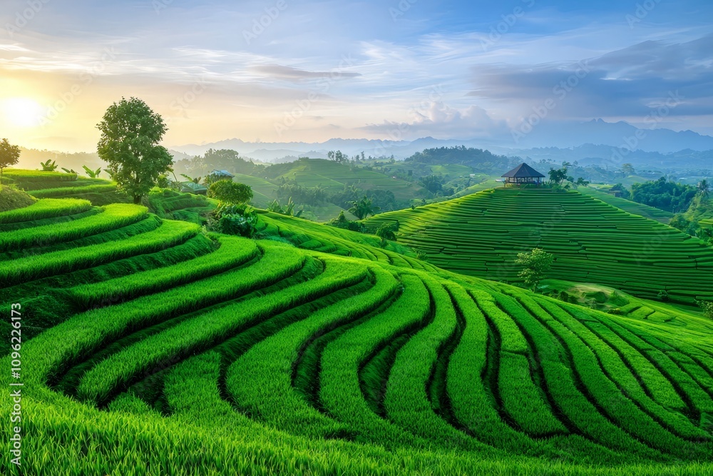 Traditional Agricultural Field Surrounded by Lush Green Terraces at Sunrise with Rolling Hills and a Scenic Landscape in the Background Traditional Agricultural Field Surrounded by Lush Green Terraces at Sunrise with Rolling Hills and a Scenic Landscape in the Background