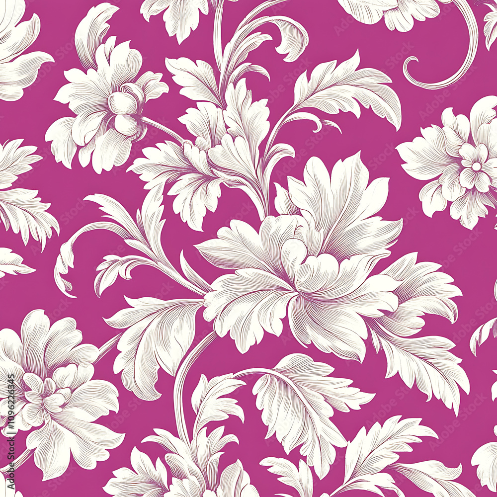Elegant dark pink and white damask pattern featuring intricate floral designs, perfect for home decor or textile applications Elegant dark pink and white damask pattern featuring intricate floral designs, perfect for home decor or textile applications