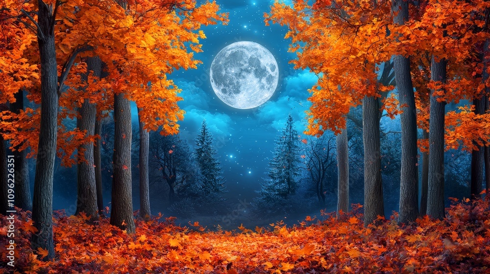 Fototapeta premium Enchanting Autumn Forest Under the Full Moon with Glowing Vibrant Leaves, Capturing Nature's Breathtaking Beauty in a Serene Night Atmosphere