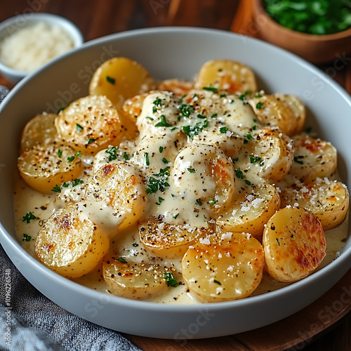 Creamy garlic sauce baby potatoes topped with herbs and cheese, perfect for comforting side dish. Enjoy rich flavors and creamy texture!